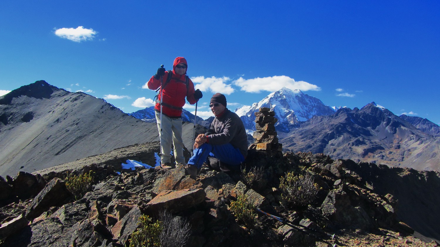 Summit of Cerro Mulamania (4949 meters sea-level) with Cerro Thipala and Huayna Potosi
